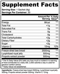 Label of Thrive Hive Bee Bread Powder showing the ingredients: freeze-dried bee bread extract, royal jelly, and propolis.