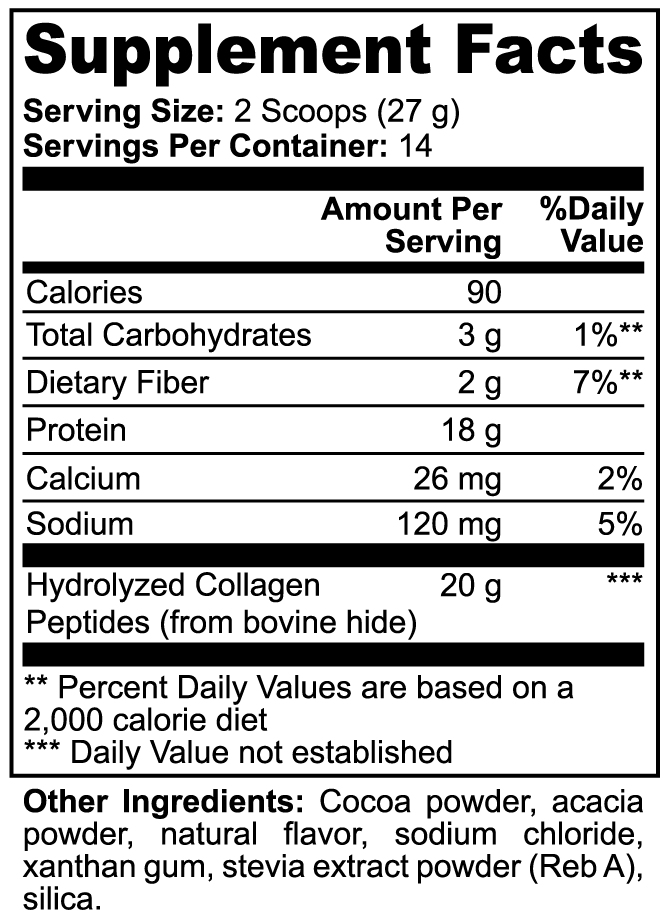 Label of Thrive Hive Hydrolyzed Grass Fed Collagen Peptide Powder showing ingredients like hydrolyzed collagen peptides and cocoa powder.