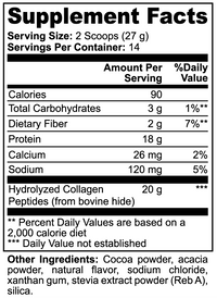 Label of Thrive Hive Hydrolyzed Grass Fed Collagen Peptide Powder showing ingredients like hydrolyzed collagen peptides and cocoa powder.