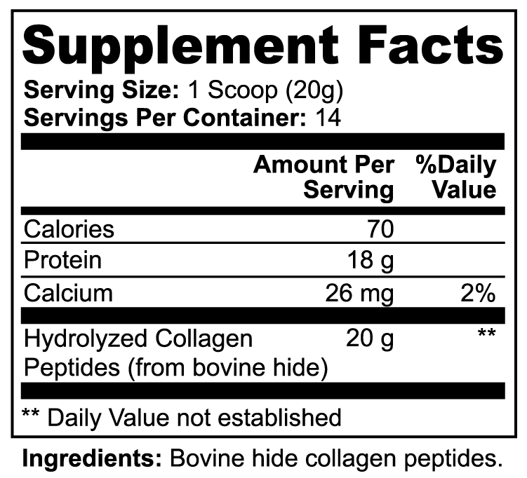 Label of Thrive Hive Hydrolyzed Grass Fed Collagen Peptide Powder showing its primary ingredient: bovine hide collagen peptides.