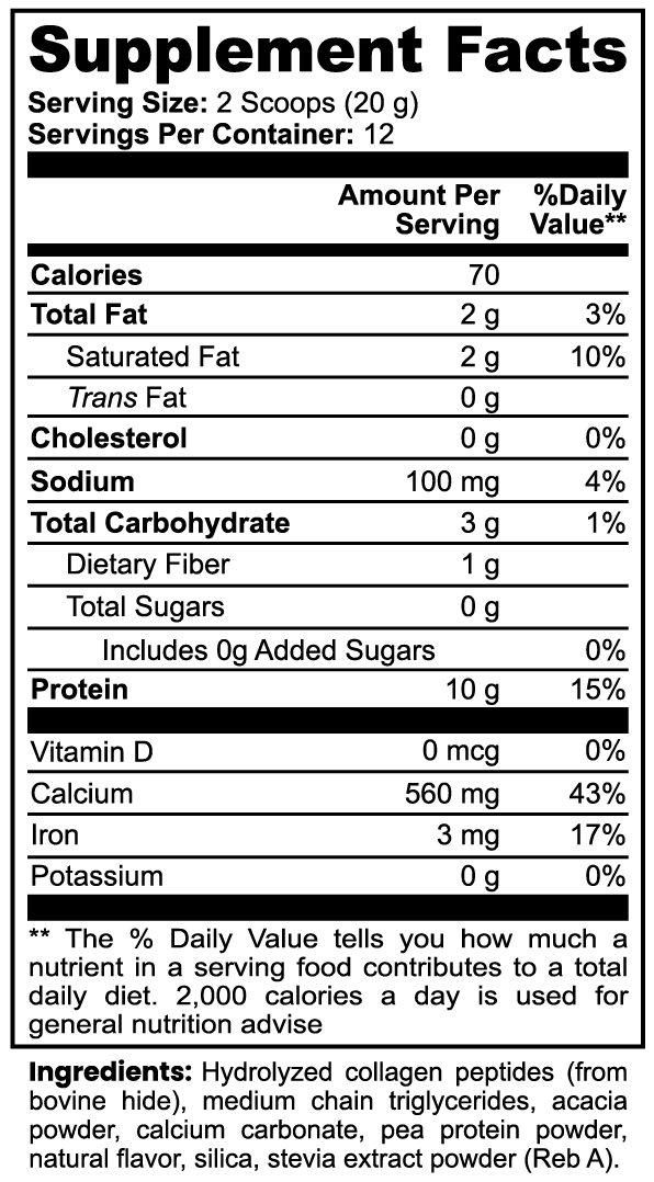 Label of Thrive Hive Hydrolyzed Grass Fed Collagen Creamer showing ingredients like collagen peptides and MCT powder.