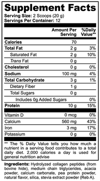 Label of Thrive Hive Hydrolyzed Grass Fed Collagen Creamer showing ingredients like collagen peptides and MCT powder.