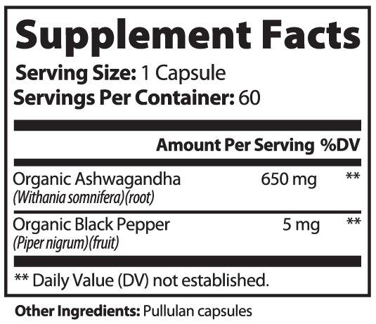 Label of Thrive Hive Ashwagandha showing organic ingredients for stress and mood support.