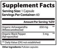 Label of Thrive Hive Ashwagandha showing organic ingredients for stress and mood support.