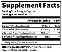 Label of Thrive Hive D3/K2 Complex showing the key ingredients for bone and heart health.