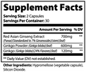 Label of Thrive Hive Ginkgo Biloba and Ginseng showing ingredients like Red Asian Ginseng and Ginkgo Biloba leaf powder.