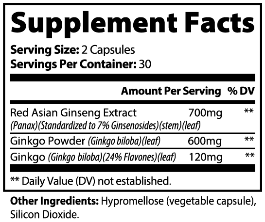 Label of Thrive Hive Ginkgo Biloba and Ginseng showing ingredients like Red Asian Ginseng and Ginkgo Biloba leaf powder.