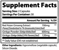 Label of Thrive Hive Ginkgo Biloba and Ginseng showing ingredients like Red Asian Ginseng and Ginkgo Biloba leaf powder.