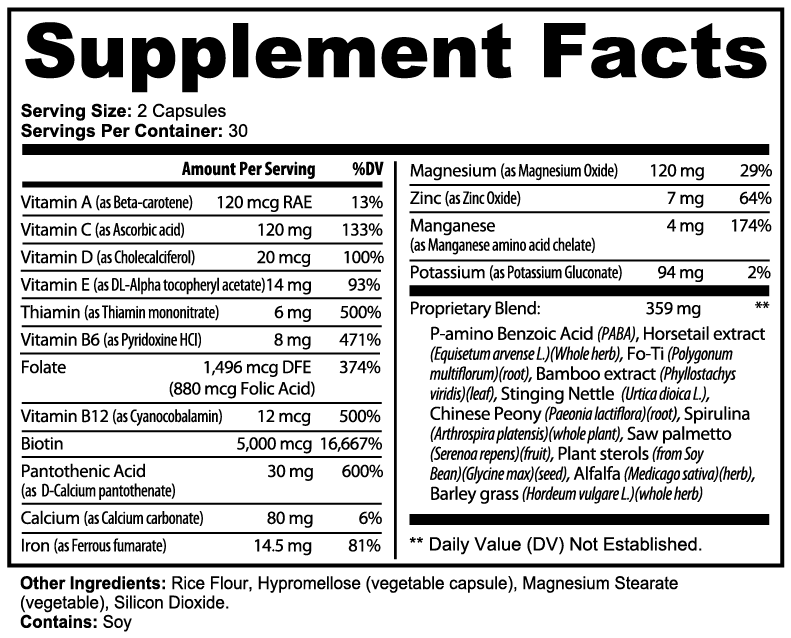 Label of Thrive Hive Hair, Skin and Nails Formula showing ingredients like Biotin, Vitamin B6, and Horsetail extract.