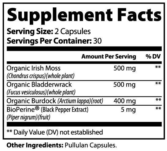 Label of Thrive Hive Sea Moss showing ingredients including organic Irish moss, bladderwrack, and burdock.