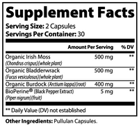 Label of Thrive Hive Sea Moss showing ingredients including organic Irish moss, bladderwrack, and burdock.