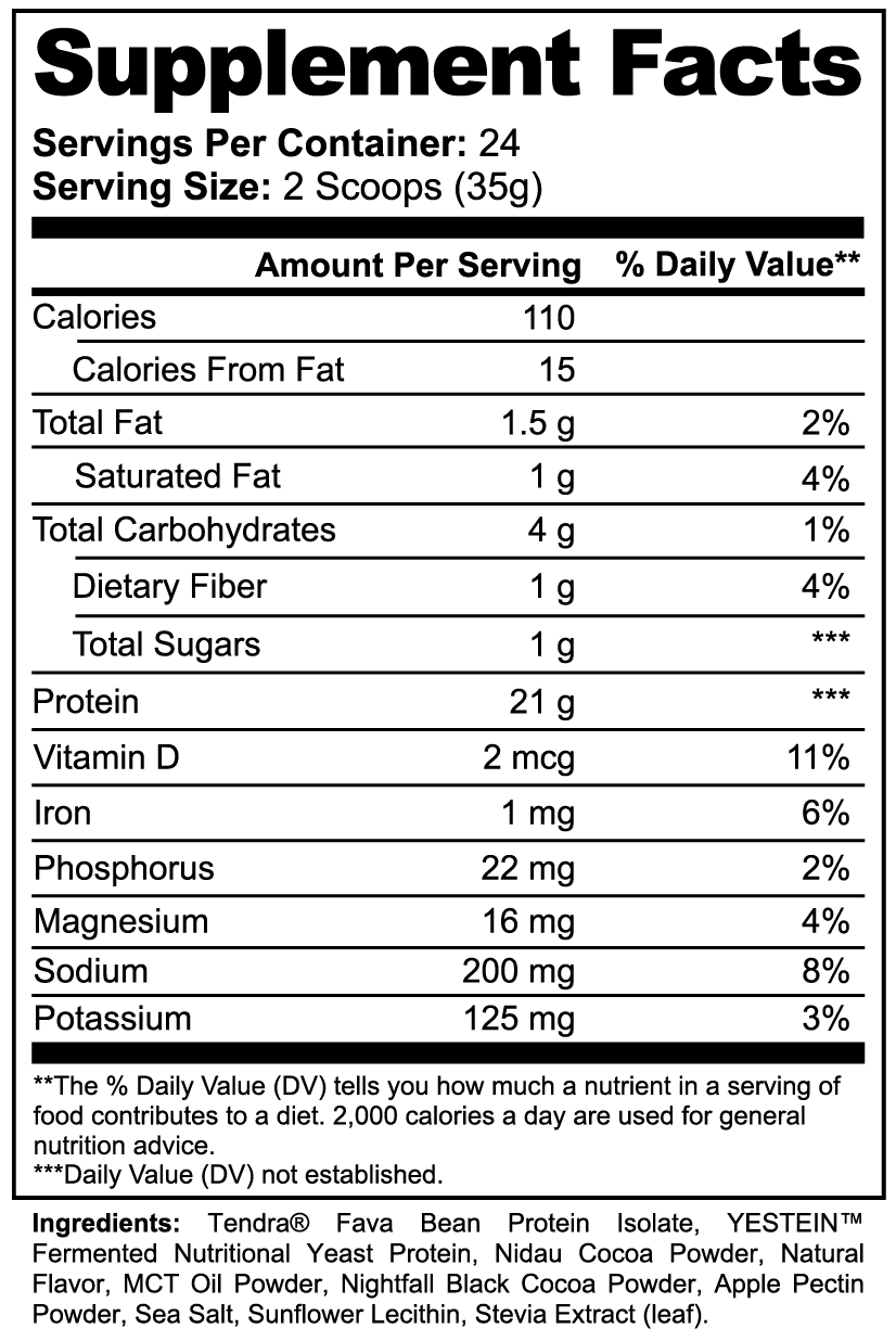 Label of Thrive Hive Plant Power Protein showing ingredients like Tendra Fava Bean Protein and MCT Oil.