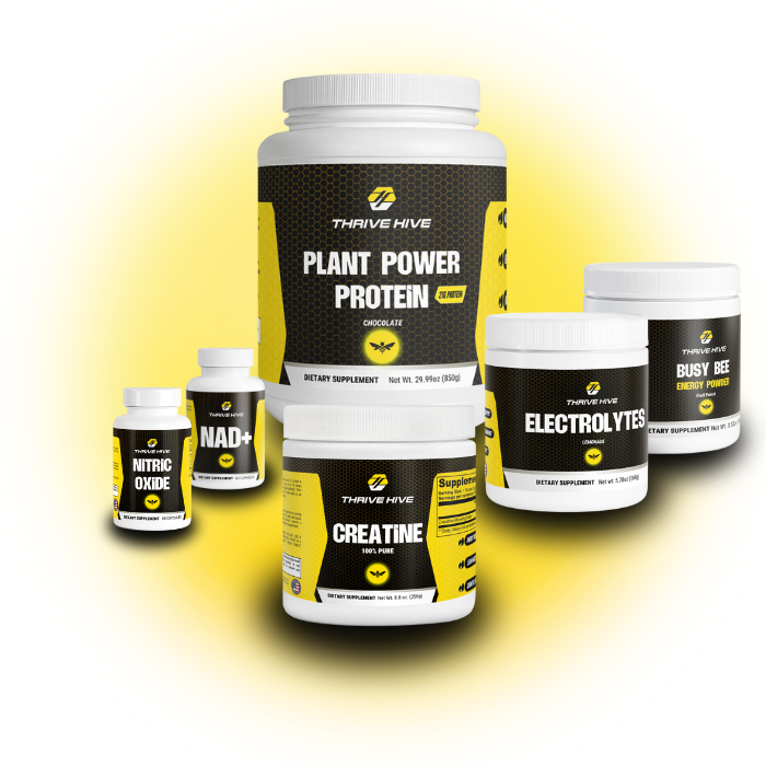 Thrive Hive Vegan Performance Stack, a bundle of plant-based supplements for muscle growth, energy, and recovery. 